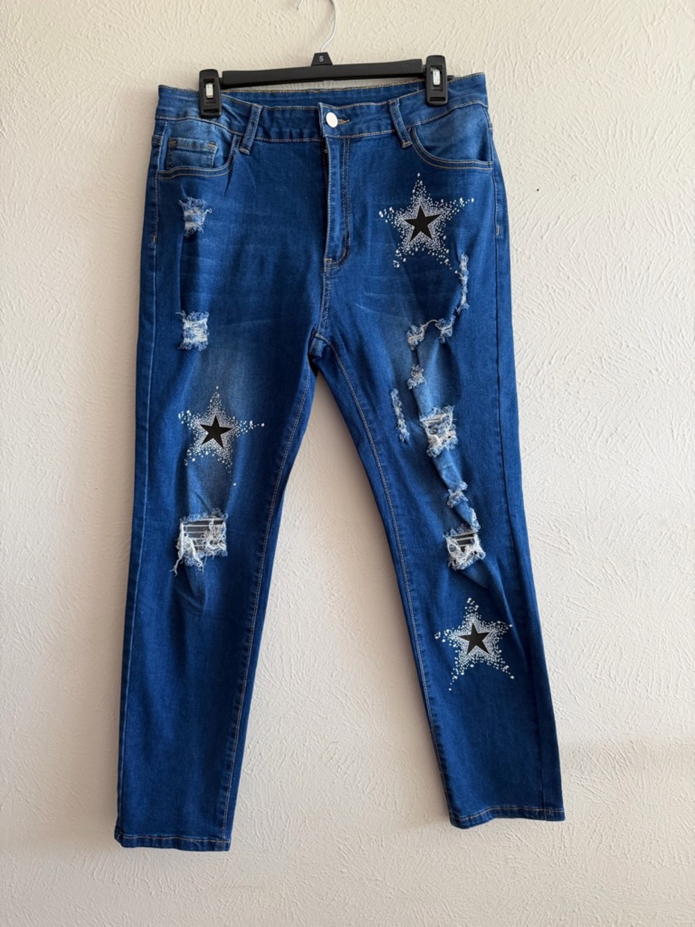 Women’s Dark Blue Star-Embellished Distressed Jeans